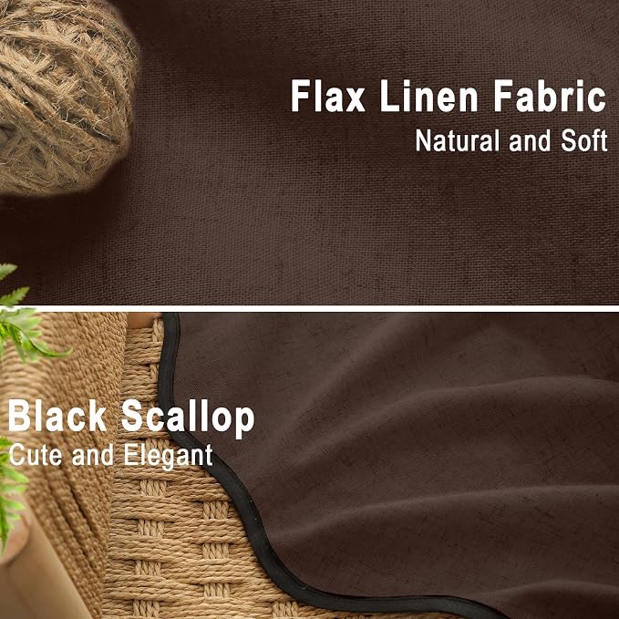 Scalloped Shower Curtain Linen Boho Flax Brown 72" W x 72" L | Linen Fabric, Black Border, Washable, Heavy Duty Cloth, Shower Curtain for Boho Farmhouse Bathroom Bathtub