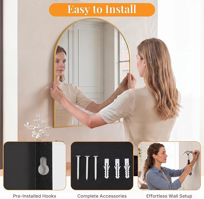 Sweetcrispy 30"x38" Arched Bathroom Mirror, Bathroom Mirrors for Over Sink | Modern Wall Mirrors Arch Decorative for Entryway, Bedroom, Vanity,Horizontal or Vertical Hanging, Gold