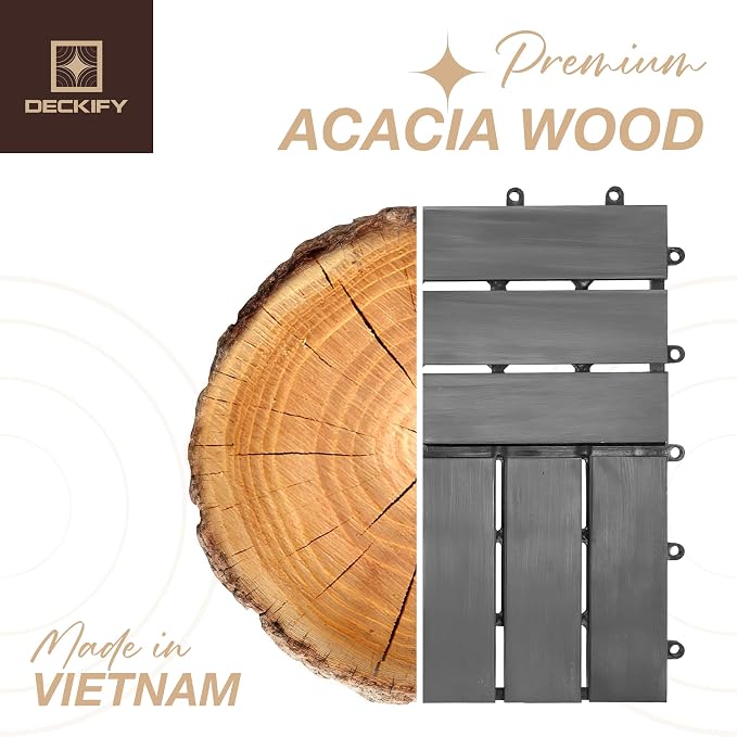 Acacia Interlocking Deck Tiles Outdoor Waterproof All Weather Grey Crossed | Raised Drainage Base, 12x12 In, Trimmable, Oil-Rubbed Finish, No Tools or Sealant Required, Weather-Resistant, Washable