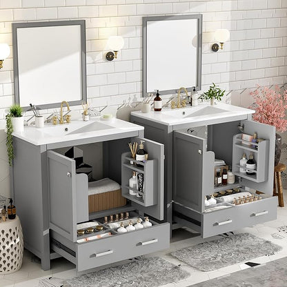 HABITRIO 60" Bathroom Vanity Set with Double Vanities (Separate), Double Ceramic Sinks, Storage Shelf, and Divided Drawers (Mirror not Included), Gray