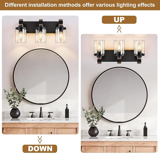 Farmhouse Bathroom Vanity Light Fixture, 3 Light Black Wood Over Mirror | Matte Black Metal & Wood with Clear Glass Shade, 3 Ligh Vanity Light Fixture Over Mirror for Farmhouse Industrial Bathroom