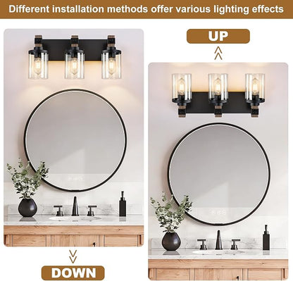 Farmhouse Bathroom Vanity Light Fixture, 3 Light Black Wood Over Mirror | Matte Black Metal & Wood with Clear Glass Shade, 3 Ligh Vanity Light Fixture Over Mirror for Farmhouse Industrial Bathroom