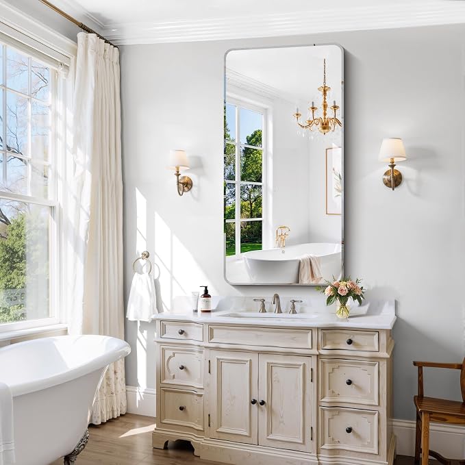 CILIBER Beveled Mirror, 24x48 Rectangle Bathroom Mirror Rounded Corner, 3mm Tempered Glass Frameless Vanity Mirror with Beveled Edge for Over Sink, Bedroom, Entryway, Vertical or Horizontal