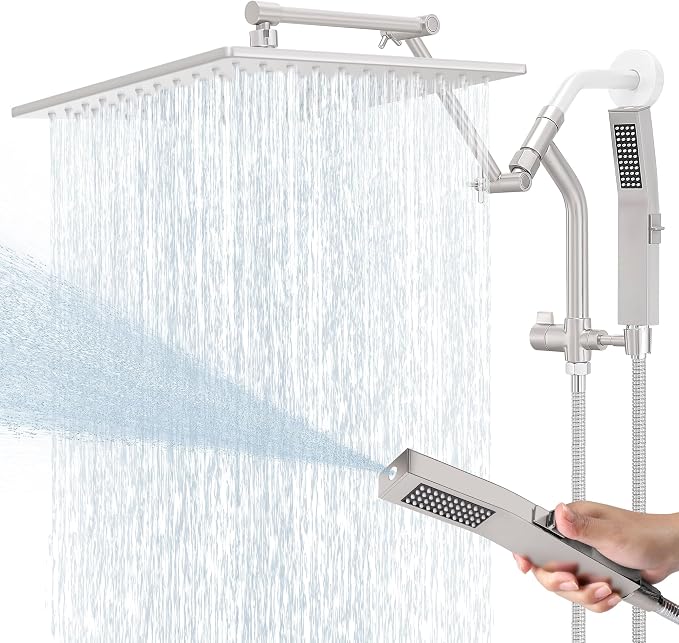 All Metal 12 Inch Rain Shower Head with Handheld Built-in Power Wash Mode, High Pressure Waterfall Rainfall Square Shower Heads with 16" Adjustable Extension Arm, Dual Showerhead(Brushed Nickel)