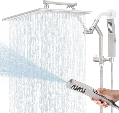 All Metal 12 Inch Rain Shower Head with Handheld Built-in Power Wash Mode, High Pressure Waterfall Rainfall Square Shower Heads with 16" Adjustable Extension Arm, Dual Showerhead(Brushed Nickel)