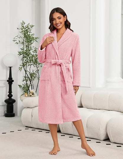 Ekouaer Women's Robe Long Plush Soft Bathrobe Cozy Warm Robes Shawl Collar Sleepwear with Pockets