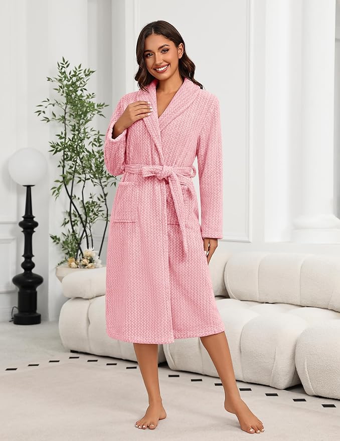 Ekouaer Women's Robe Long Plush Soft Bathrobe Cozy Warm Robes Shawl Collar Sleepwear with Pockets