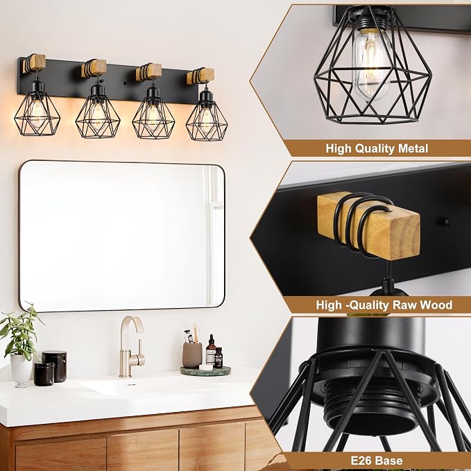 maesta 4 Light Bathroom Vanity Light, Farmhouse Black Fixture Over Mirror | Farmhouse Bathroom Light Fixtures, Wood & Metal, Anti-Rust Easy to Install for Rustic Bathroom Hallway