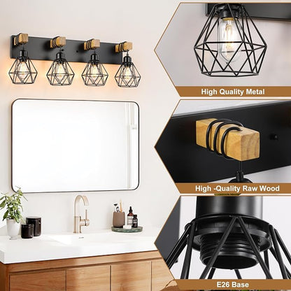 maesta 4 Light Bathroom Vanity Light, Farmhouse Black Fixture Over Mirror | Farmhouse Bathroom Light Fixtures, Wood & Metal, Anti-Rust Easy to Install for Rustic Bathroom Hallway