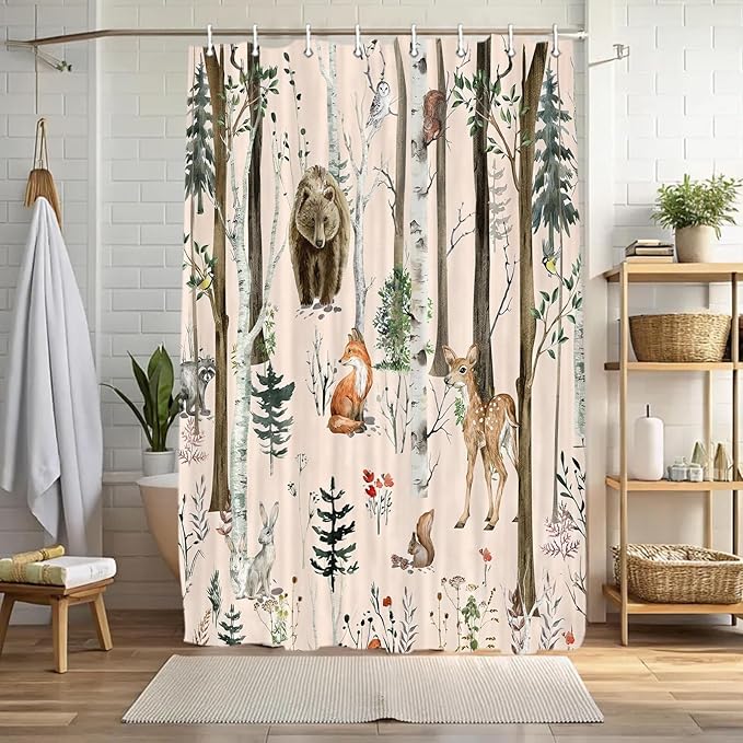 JAWO Rustic Forest Shower Curtains, Lodge Cabin Woodsy RV Shower Curtain, Wildlife Animals Woodland Campers Camping Bathroom Set with Hooks, 54x72 Inch, LightPink