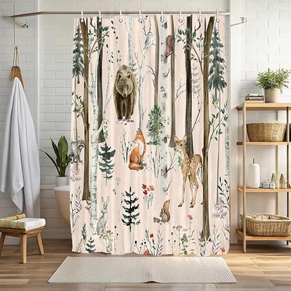 JAWO Rustic Forest Shower Curtain - Lodge Cabin Woodsy RV Wildlife Animals Woodland Campers Camping Bathroom Set with Hooks, 36X72 Inch, LightPink