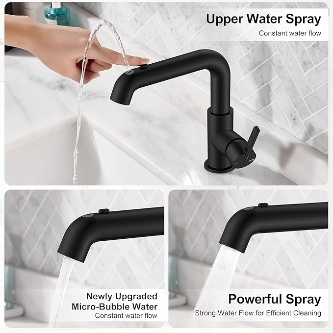 KENES Matte Black Bathroom Faucet with Pull Down Sprayer, Single Handle Bathroom Sink Faucet with Pull Out Sprayer, Vanity Bar Faucet with Pop Up Drain & Deck Plate, LJ-9055A-2