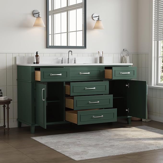 60 Inch Green Bathroom Vanity Single Sink, Fully Assembled Bathroom Vanities with Soft Closing Doors & Dovetail Drawers, Solid Wood Vanity Bathroom, 60 Inch Vanity Single Sink