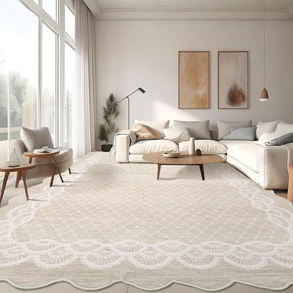 GarveeHome Washable Scalloped Rug 9x12 Area Rugs, Modern Neutral Living Room Rugs, Large Washable Farmhouse Carpet Abstract Bordered Carpet for Bedroom Apartment Table Dorm Nursery, Beige