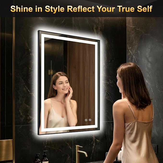 LED Bathroom Mirror with Light, 24x36 Vanity Mirror for Wall with Frame | Anti-Fog, Dimmable 3 Colors, Memory Function, Backlit and Front Lit, Shatter-Proof Glass, Plug-in/Hardwired