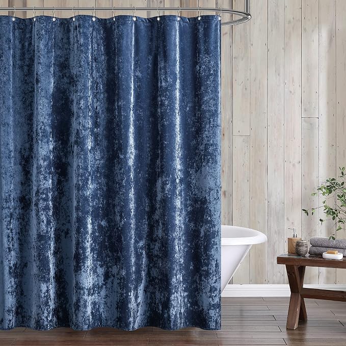 Fredsure Distressed Velvet Shower Curtain Set, 13 Pieces Navy Including 1 Piece 72"x72" Shower Curtain and 12 Pieces Silver Hooks