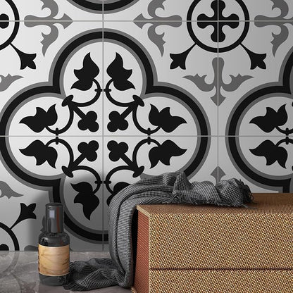 The Tiles Plaza Encaustic Peel and Stick Backsplash, Grey and White Patterned Vintage Stick on Tiles, Stone Composite Self-Adhesive Wall Tile Sticker for Kitchen Bathroom Fireplace Stairs, 10 Sheets