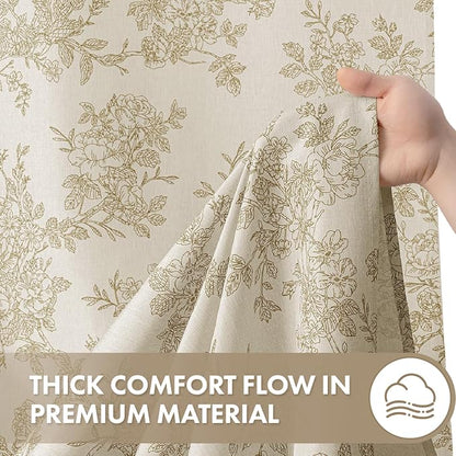 Extra Long Beige Floral Shower Curtain W72*L84 Inches Long | Linen Textured Fabric, 12 Rustproof Metal Hooks, Wrinkle Resistant Cloth, Machine Washable, Bathroom Decor for Cottage Core