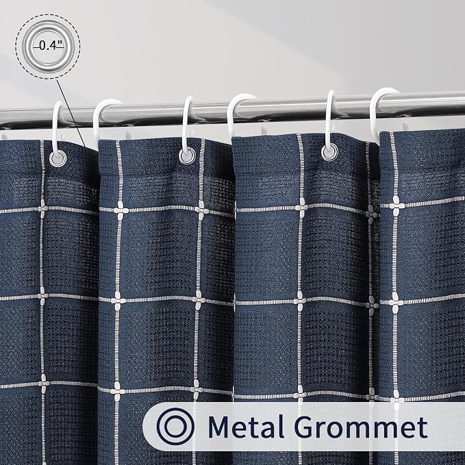 Long Boho Farmhouse Shower Curtain for Bathroom 72x78 | Long French Country Plaid Tassel Shower Curtain, Rustic Aesthetic Bathroom Decor Windows Curtain, Navy Blue