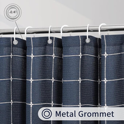 Navy Blue Boho Farmhouse Shower Curtain for Bathroom 72x72 | 320 GSM French Country Plaid Tassel Shower Curtain, Rustic Aesthetic Bathroom Decor Windows Curtain