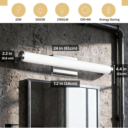 24 Inch Modern LED Vanity Light, Polished Chrome Bathroom Lighting Fixture, 3000K Warm White Light Bar for Mirror (22W, 1760Lumens, CRI>90, ETL Listed)