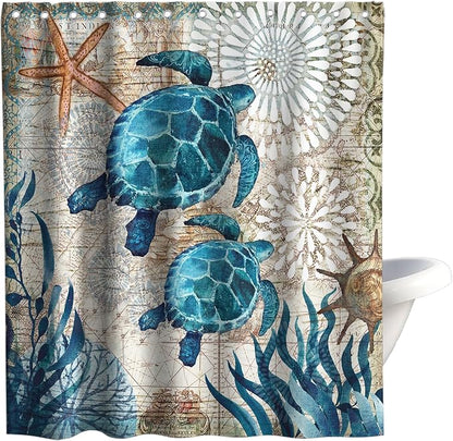 Nautical Green Sea Turtles Beach Theme Fabric Shower Curtain Sets Bathroom Blue Ocean Decor with Grommets and Hooks - 72 x 72 Inch Teal