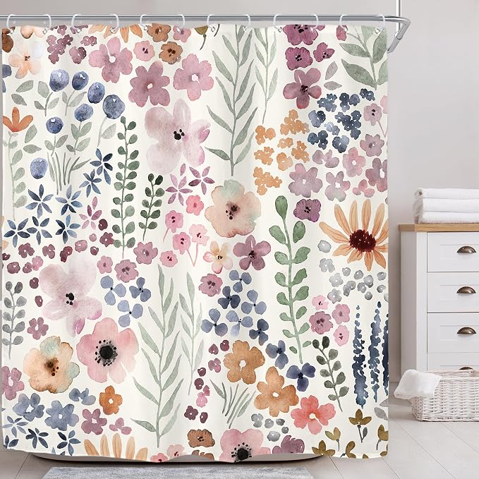 Extra Long Cute Floral Flower Watercolor Rustic Bathroom Shower Curtain Set | 72"W x 78"H Botanical Girls; waterproof HD print, quick-dry fabric with 12 hooks for easy hanging.