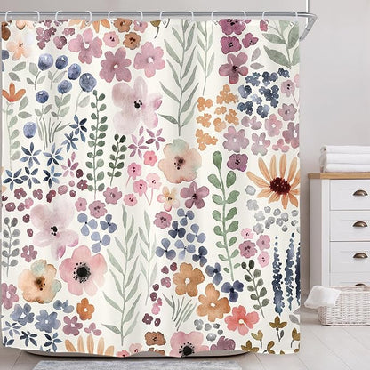 Extra Long Cute Floral Flower Watercolor Rustic Bathroom Shower Curtain Set | 72"W x 78"H Botanical Girls; waterproof HD print, quick-dry fabric with 12 hooks for easy hanging.