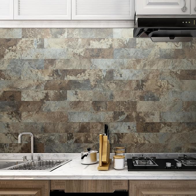 AULIGET 40-Piece Beige & Brown Slate Peel and Stick Backsplash Wall Tiles, 3" x 12" PVC Faux Stone Stick on Tiles for Backsplash Kitchen, Bathroom, Laundry Room, Camper, Fireplace