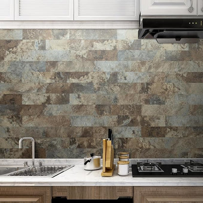 AULIGET 40-Piece Beige & Brown Slate Peel and Stick Backsplash Wall Tiles, 3" x 12" PVC Faux Stone Stick on Tiles for Backsplash Kitchen, Bathroom, Laundry Room, Camper, Fireplace