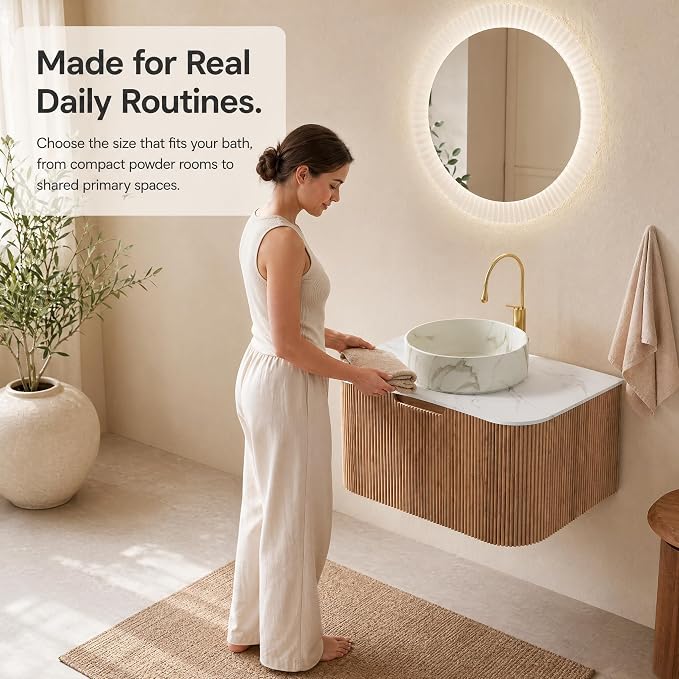 30 Inch Bathroom Vanity with Sink, Floating Wall Mounted Single Sink Vanity, Natural Woodgrain Curved Fluted Front, Stone Top, Marble-Look Round Vessel Basin, Pre-Assembled