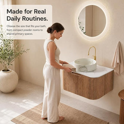30 Inch Bathroom Vanity with Sink, Floating Wall Mounted Single Sink Vanity, Natural Woodgrain Curved Fluted Front, Stone Top, Marble-Look Round Vessel Basin, Pre-Assembled