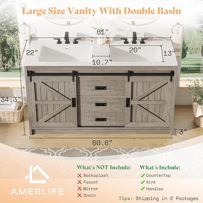 AMERLIFE Double Farmhouse Bathroom Vanity with Sink, 61in Sliding Barn Door Bathroom Storage Cabinet with Sliding Doors & Drawers, Dual Basin, Large Double Bath Vanity Sink Combo, Light Grey