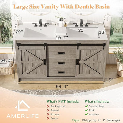 AMERLIFE Double Farmhouse Bathroom Vanity with Sink, 61in Sliding Barn Door Bathroom Storage Cabinet with Sliding Doors & Drawers, Dual Basin, Large Double Bath Vanity Sink Combo, Light Grey