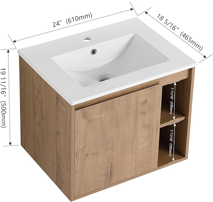 24 Inch Bathroom Vanity with Sink, Imitative Oak Modern Wall Mount Floating Vanity Set with Soft-Closing Door and Ceramic Basin, Contemporary Styling for Elegant Bathrooms