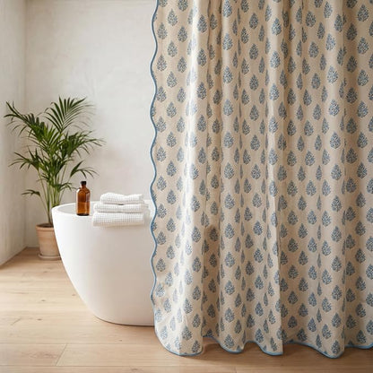 Boomkin Block Print Scalloped Shower Curtain Set with 12 Hooks | Grandmillennial Shower Curtain Linen Textured Cottage Core Floral Bathroom Curtain for Vintage Farmhouse Bathroom 72 x 72 Inc