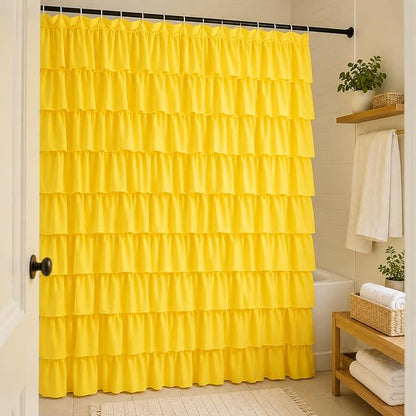 Yellow Shower Curtain for Bathroom, 72 X 72 Inch, Cascading Ruffle Design | Cottagecore & Farmhouse Crossover Style, 72x72, Hooks Included, Machine Washable, Ruffles Hold Their Shape, 12 Buttonholes