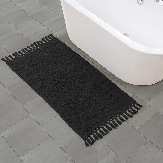 French Connection Nellore Bathroom Rugs, Woven and Beaded Mats, Durable Bath Rugs, Thick Bath Mats for Bathroom and Shower Rugs, 26" x 49", Black