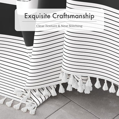 AmazerBath Boho Shower Curtain Set, Rustic Faux Linen Black Striped Shower Curtain with Hooks, Modern Farmhouse Shower Curtain with Tassels, White Base Toned, 72x72 Inches