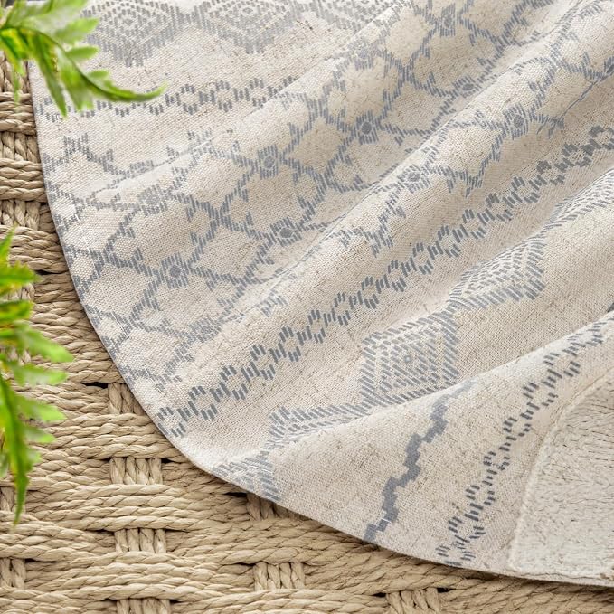 Light Grey Boho Linen Shower Curtain,72" W x 72" L | Linen Striped Print and Twine-Inspired Woven Center for Bathroom