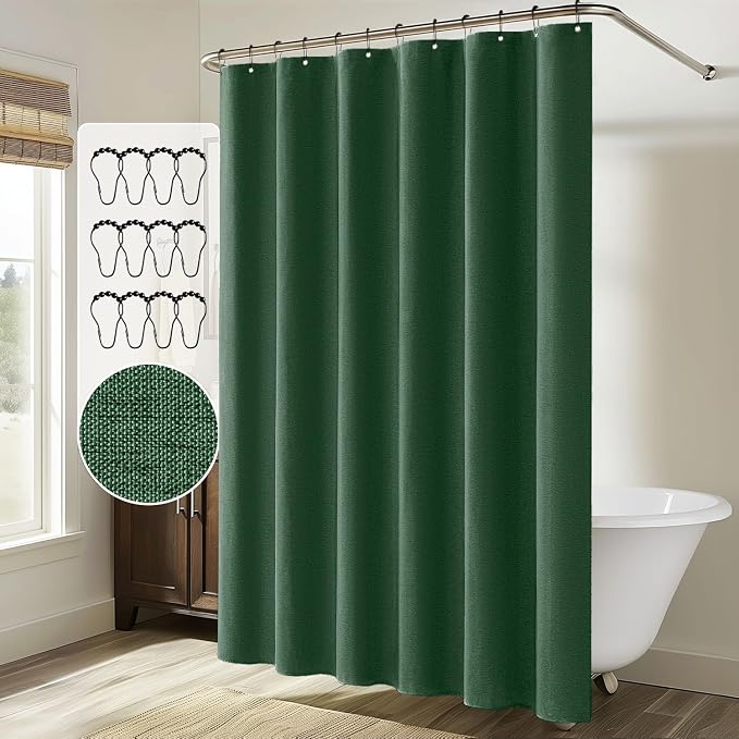 MIULEE Linen Fabric Shower Curtain Dark Green W72*L72 12 Metal Hooks | Washable, Modern, Heavy Duty, Shower Curtain Set, Waterproof Thick Cloth Shower Curtains, Bathroom Bathtub