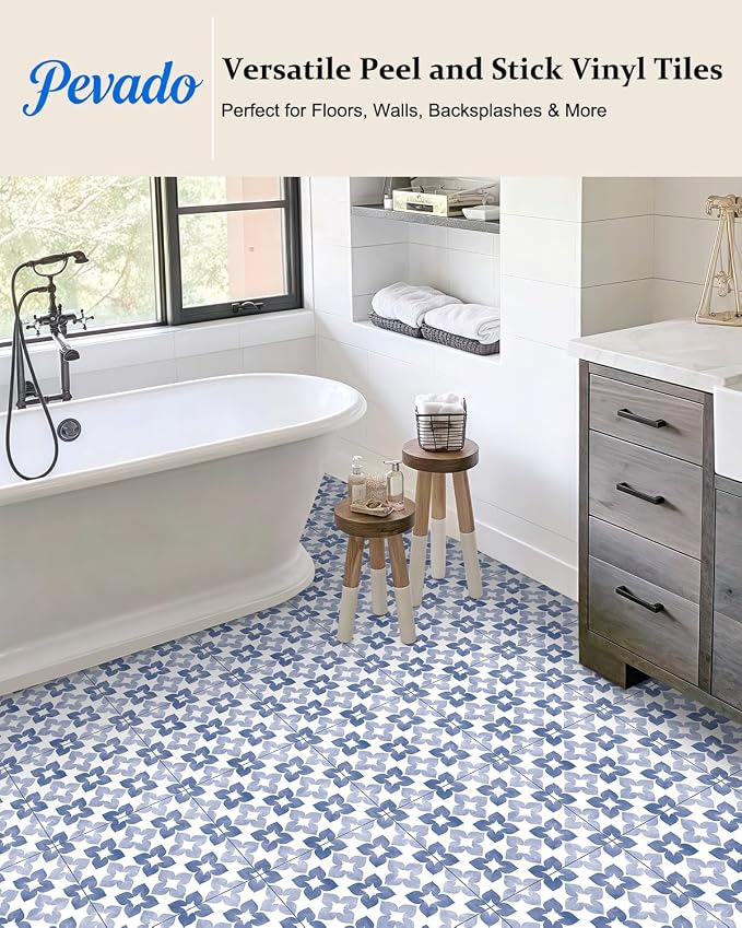 Peel and Stick Floor Tile, Waterproof Vinyl Flooring, Snap-Proof DIY Flooring Tiles for Bathroom, Kitchen, Fireplace, Wall, Backsplash, Home Decor, No Residue, 20 Tiles-7.87" Thin Ver, Blue