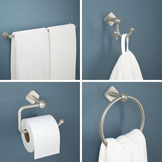 Franklin Brass Gainesville 4-Piece Bathroom Set Satin Nickel 18" + 6" Towel Rack, Toilet Paper Holder, Hand Towel Holder, Hook | 4-Piece Bath Hardware Accessories Set GNV64-SN