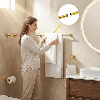 5-Piece Bathroom Hardware Set, Gold SUS304 Stainless Steel Bathroom Accessories Kit, Includes 24" Towel Bar, Toilet Paper Holder, Towel Ring & 2 Robe Hooks, Wall Mounted, Rustproof Modern Design