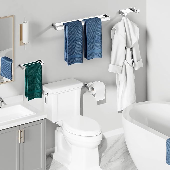 YACVCL 4-Piece Bathroom Hardware Accessories Set Polished Chrome Towel Bar Set Square Towel Holder Kit Stainless Steel Wall Mounted