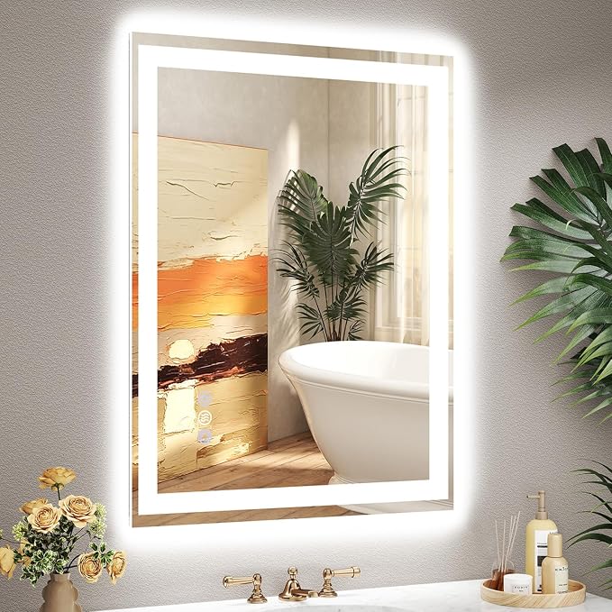 28x36 LED Bathroom Mirror, 6000LM, Separate Front and Back Lights | UL Certified,Shatter-Resistant Tempered Glass,Auto-Off Defogger,3 Color Modes,Smooth Dimming,Smart Memory Setting