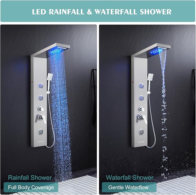 LED Shower Panel Tower System, 6-in-1 Shower Tower with Rainfall Waterfall Shower Head, 2 Modes Powerful Body Jets, Handheld Shower and Tub Spout, Stainless Steel Shower Column, Brushed Finish