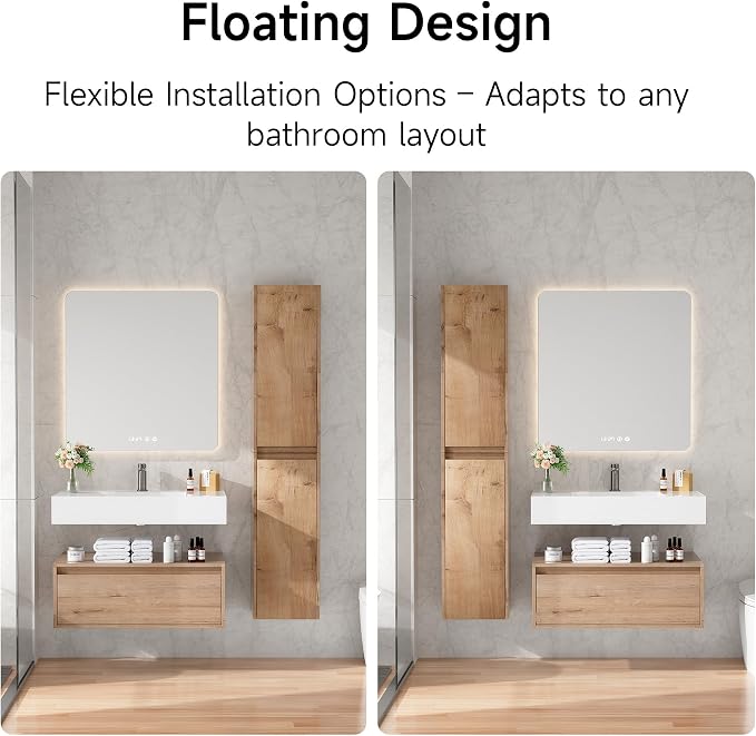 30 Inch Floating Bathroom Vanity with Sink, Modern Wall-Mounted Bathroom Cabinet with Resin Sink & Soft Close Drawer & Side Cabinet, Split-Level Layout (Nature Oak, 30"+2 Side cabinets)