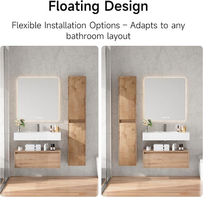 30 Inch Floating Bathroom Vanity with Sink, Modern Wall-Mounted Bathroom Cabinet with Resin Sink & Soft Close Drawer & Side Cabinet, Split-Level Layout (Nature Oak, 30"+2 Side cabinets)