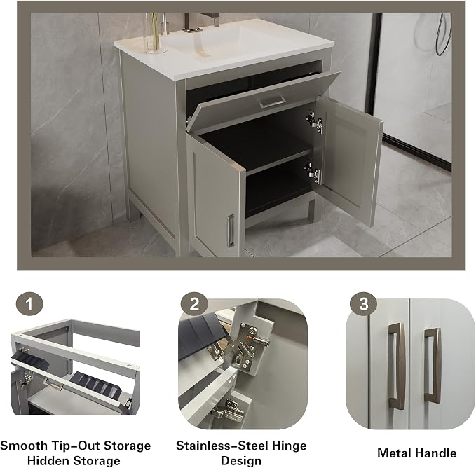 24" Light Grey Bathroom Vanity Base Only – Freestanding Solid Wood Sink Cabinet with Tip-Out Drawer, Shaker Style Storage, No Top or Sink, 36" W x 21" D x 34.5" H